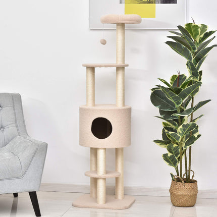 Cat Tree 148 cm with Cave, Sisal Posts, Beige
