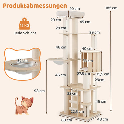 Cat Tree 185 cm with Thick Posts, Hideaway & Capsule