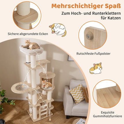 Cat Tree 185 cm with Thick Posts, Hideaway & Capsule