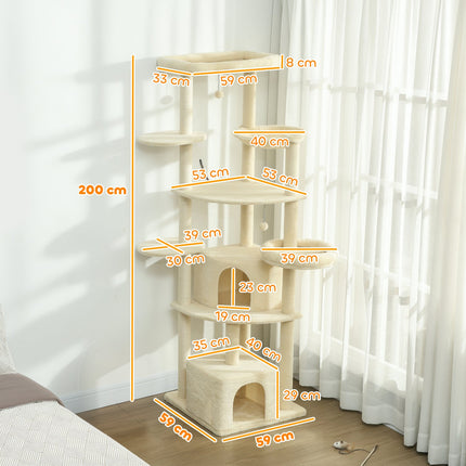 Cat Tree, 2m, Multi-Level, Sisal, Hammock, Beige