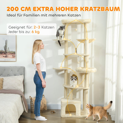 Cat Tree, 2m, Multi-Level, Sisal, Hammock, Beige