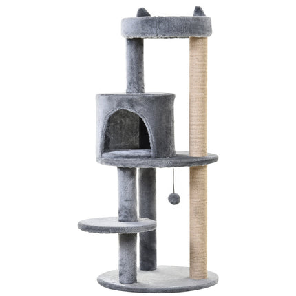 4-level cat tree, plush cave, sisal scratching posts, play balls