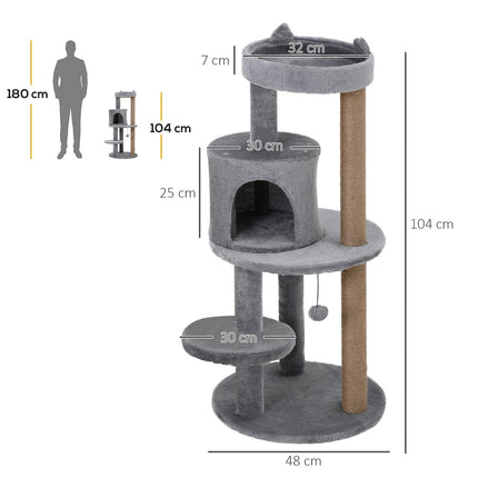 4-level cat tree, plush cave, sisal scratching posts, play balls