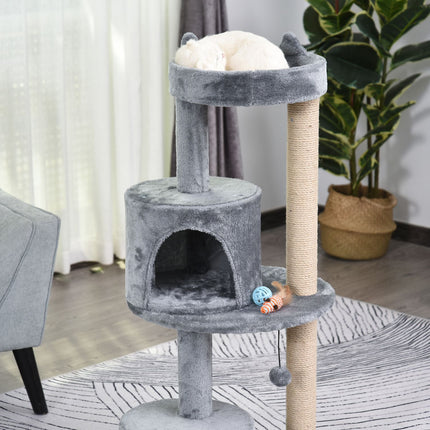 4-level cat tree, plush cave, sisal scratching posts, play balls