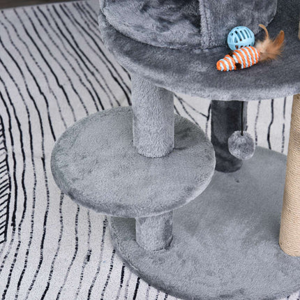 4-level cat tree, plush cave, sisal scratching posts, play balls