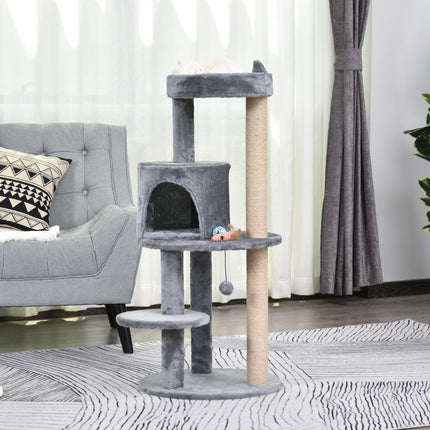 4-level cat tree, plush cave, sisal scratching posts, play balls