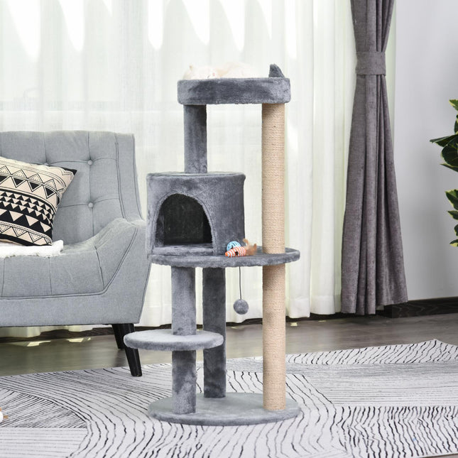 4-level cat tree, plush cave, sisal scratching posts, play balls