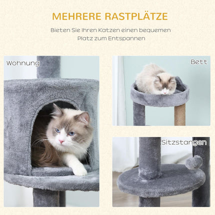 4-level cat tree, plush cave, sisal scratching posts, play balls