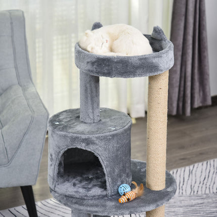 4-level cat tree, plush cave, sisal scratching posts, play balls