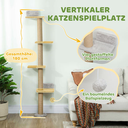 Cat Tree, 5-Level, Sisal Posts, Plush Fabric, Light Gray