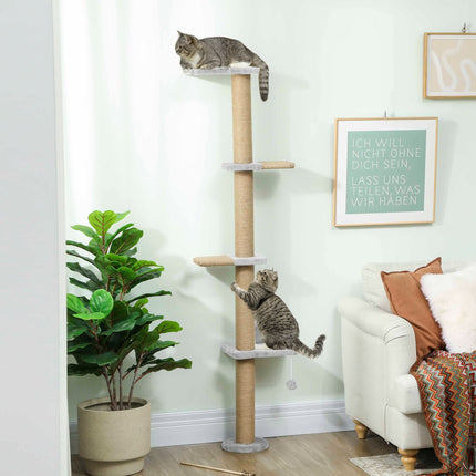 Cat Tree, 5-Level, Sisal Posts, Plush Fabric, Light Gray