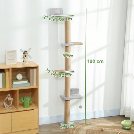 Cat Tree, 5-Level, Sisal Posts, Plush Fabric, Light Gray