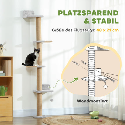 Cat Tree, 5-Level, Sisal Posts, Plush Fabric, Light Gray