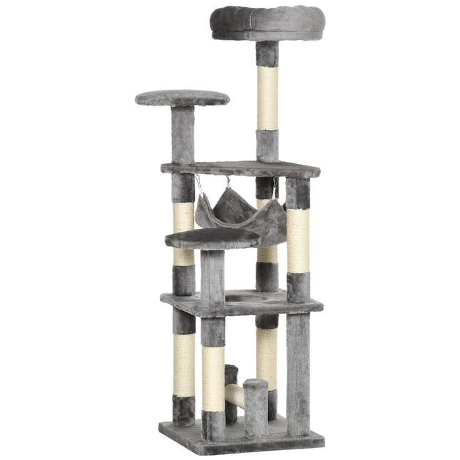 Gray cat tree with scratching post, climbing tower and hammock