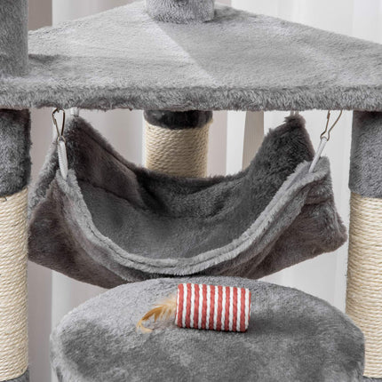 Gray cat tree with scratching post, climbing tower and hammock