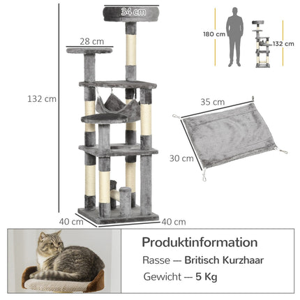 Gray cat tree with scratching post, climbing tower and hammock