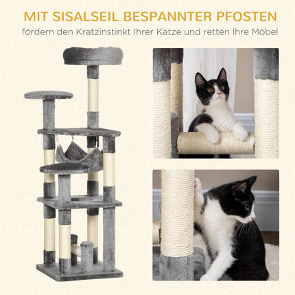 Gray cat tree with scratching post, climbing tower and hammock