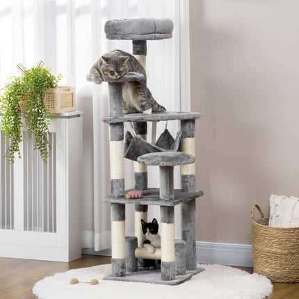 Gray cat tree with scratching post, climbing tower and hammock