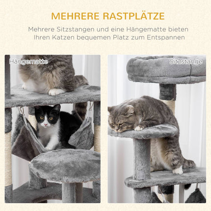 Gray cat tree with scratching post, climbing tower and hammock