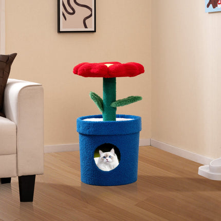 Cat Tree For Indoor Cats, Flower Condo, Padded Perch, Red
