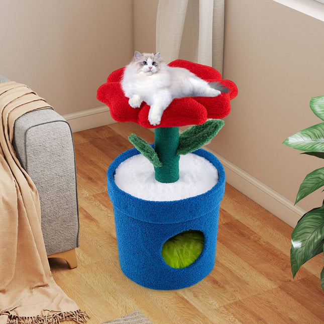 Cat Tree For Indoor Cats, Flower Condo, Padded Perch, Red