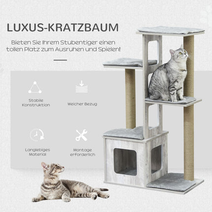 Cat Tree Activity Center - Gray jute plush, 67x38.5x114 cm