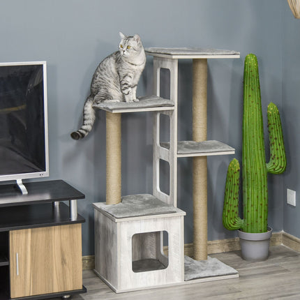 Cat Tree Activity Center - Gray jute plush, 67x38.5x114 cm