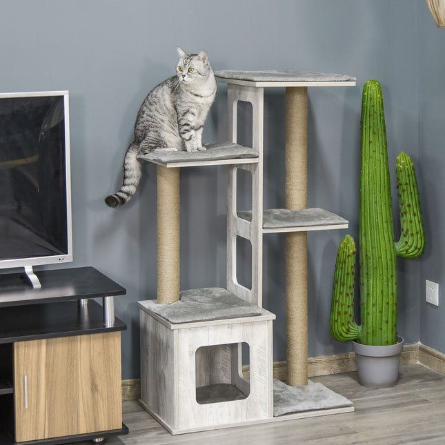 Cat Tree Activity Center - Gray jute plush, 67x38.5x114 cm
