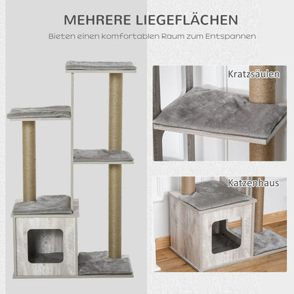 Cat Tree Activity Center - Gray jute plush, 67x38.5x114 cm
