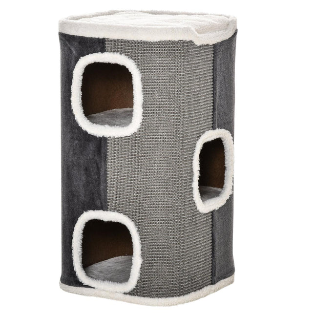 Cat tree with 3 levels, sisal & velvet smooth fabric, grey/white