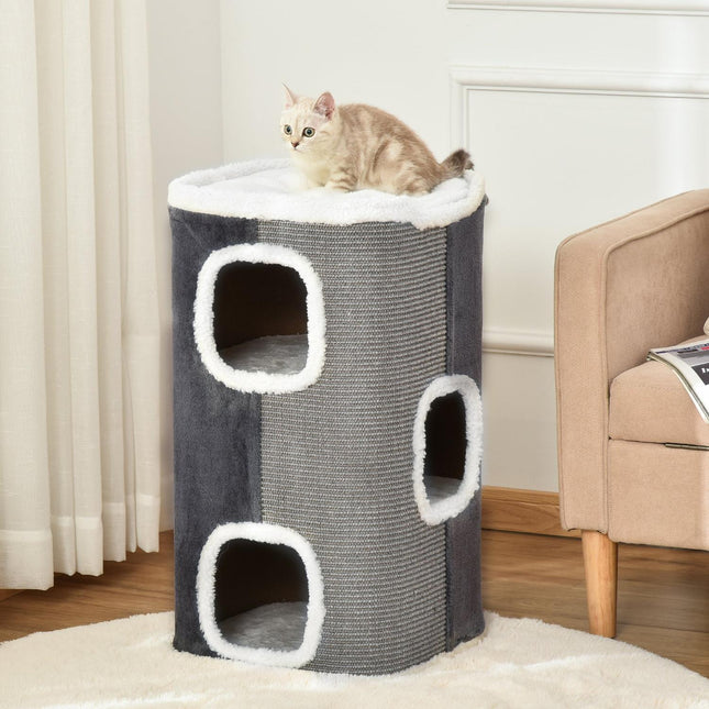 Cat tree with 3 levels, sisal & velvet smooth fabric, grey/white