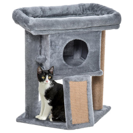 Cat tree with jute scratching mat and play functions, light grey