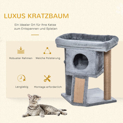 Cat tree with jute scratching mat and play functions, light grey
