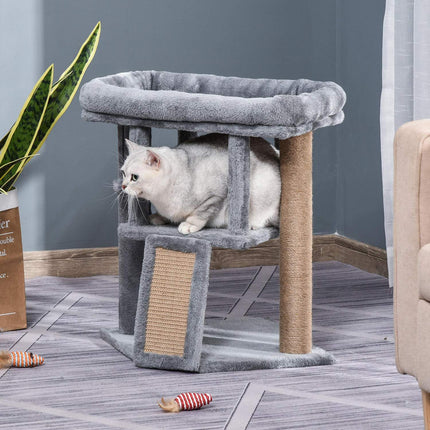Cat tree with jute scratching mat and play functions, light grey