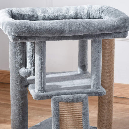 Cat tree with jute scratching mat and play functions, light grey