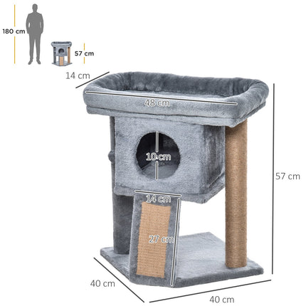 Cat tree with jute scratching mat and play functions, light grey