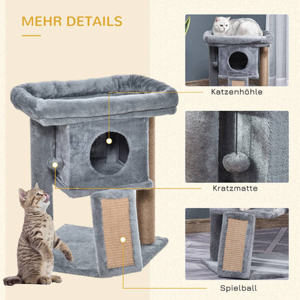 Cat tree with jute scratching mat and play functions, light grey