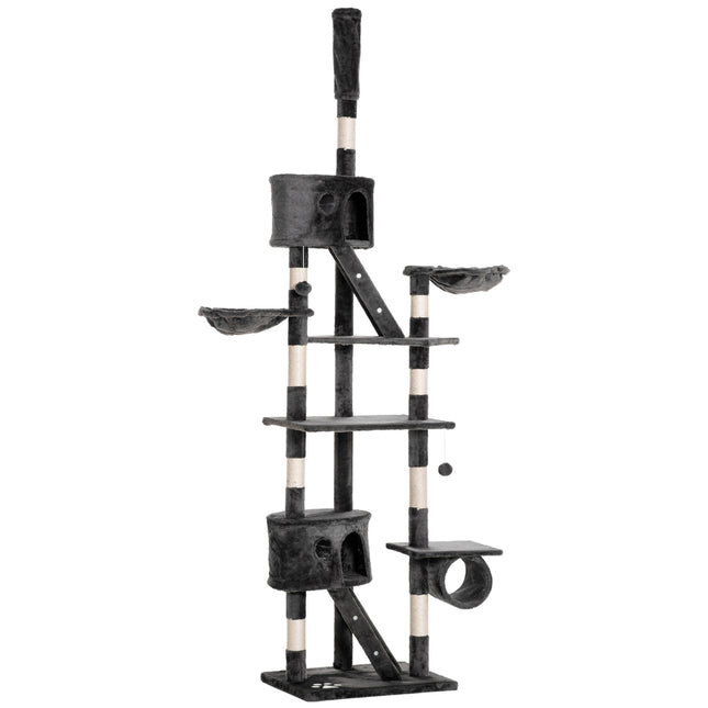 Adjustable cat tree at ceiling height with scratching post