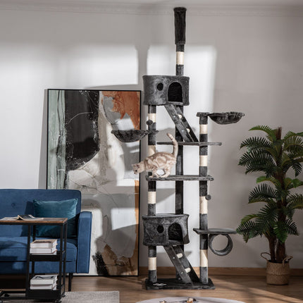 Adjustable cat tree at ceiling height with scratching post