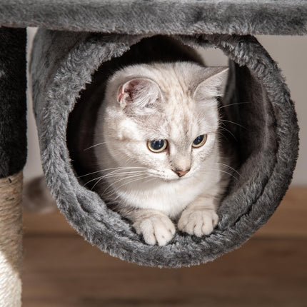 Adjustable cat tree at ceiling height with scratching post