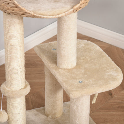 Cat tree with scratching post and cave, beige, 100 cm high