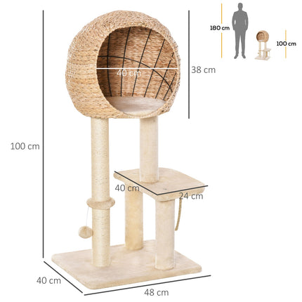 Cat tree with scratching post and cave, beige, 100 cm high