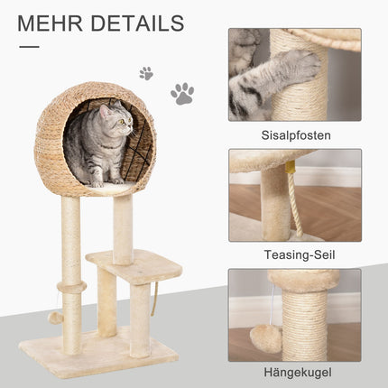 Cat tree with scratching post and cave, beige, 100 cm high