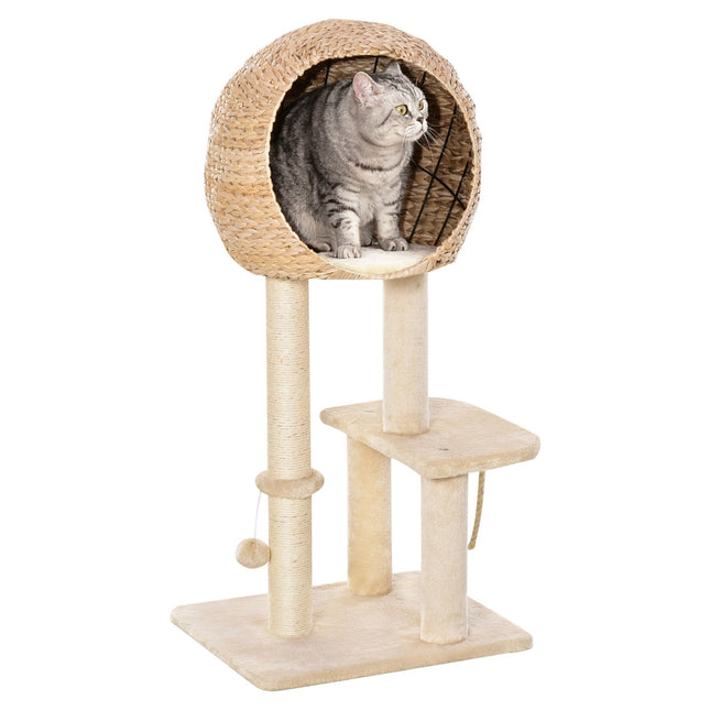 Cat tree with scratching post and cave, beige, 100 cm high