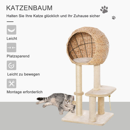 Cat tree with scratching post and cave, beige, 100 cm high