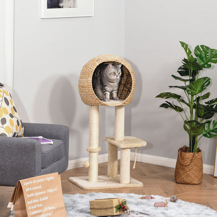 Cat tree with scratching post and cave, beige, 100 cm high