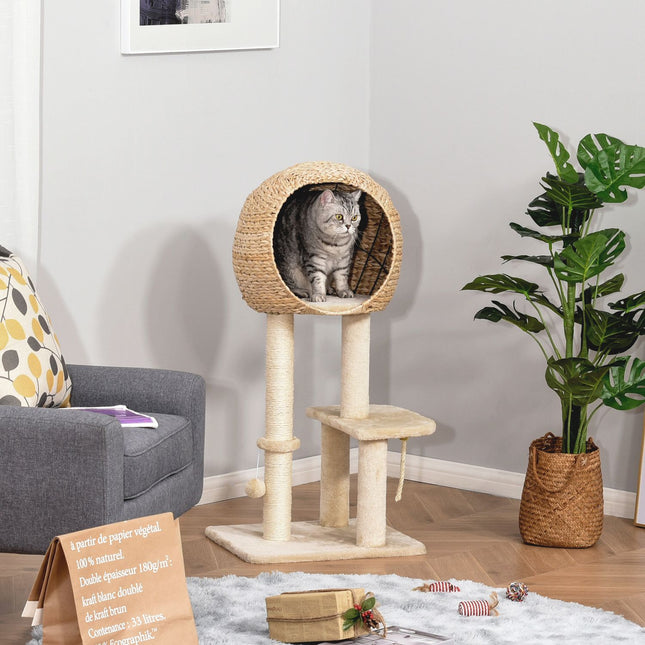 Cat tree with scratching post and cave, beige, 100 cm high