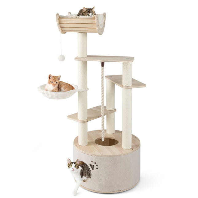 Cat Tree Tower, 141cm, Wood, with Cat Cave & Hammock