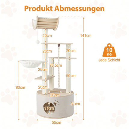 Cat Tree Tower, 141cm, Wood, with Cat Cave & Hammock
