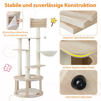 Cat Tree Tower, 141cm, Wood, with Cat Cave & Hammock